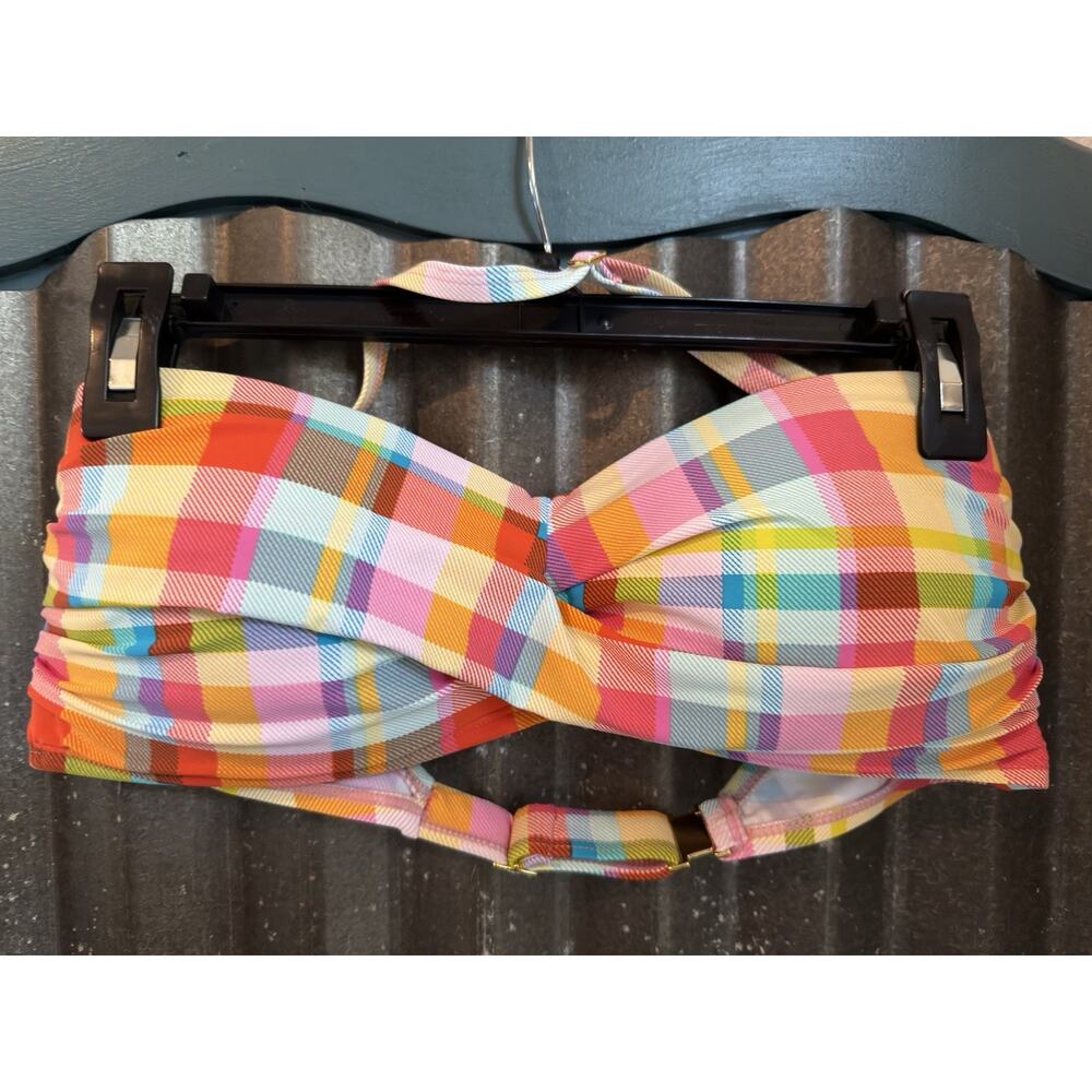 Into The Bleu Rod Beattie Swim Top Bikini Bandeau Rainbow Plaid Sz 12 Beach Pool